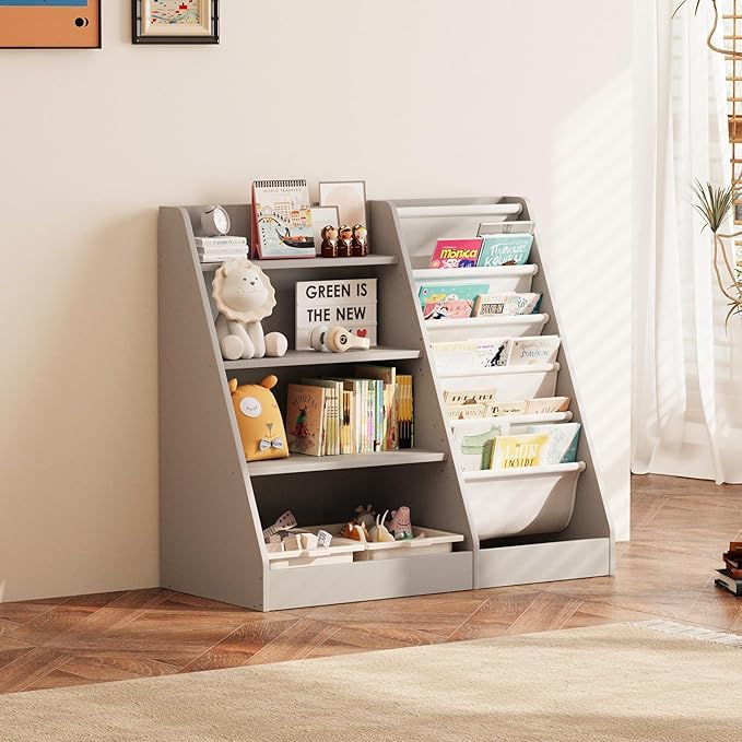 NACHES Montessori Kid Bookshelf Toddler Bookcase Cabinet Children Book Rack Display Toy Storage Organizer 4 Tier 5 Sling Deep Sleeves Classroom Bedroom Nursery Playroom Wood (Grey)