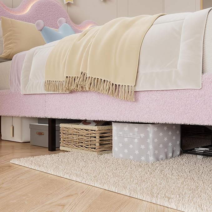 FULL Upholstered LED Bed Frame with Storage Drawers Girls Bed with flower Headboard Boucle Princess Platform Bed Frame for Kids/Girls Strong Wood Slat Support,No Box Spring Needed,Easy Assembly