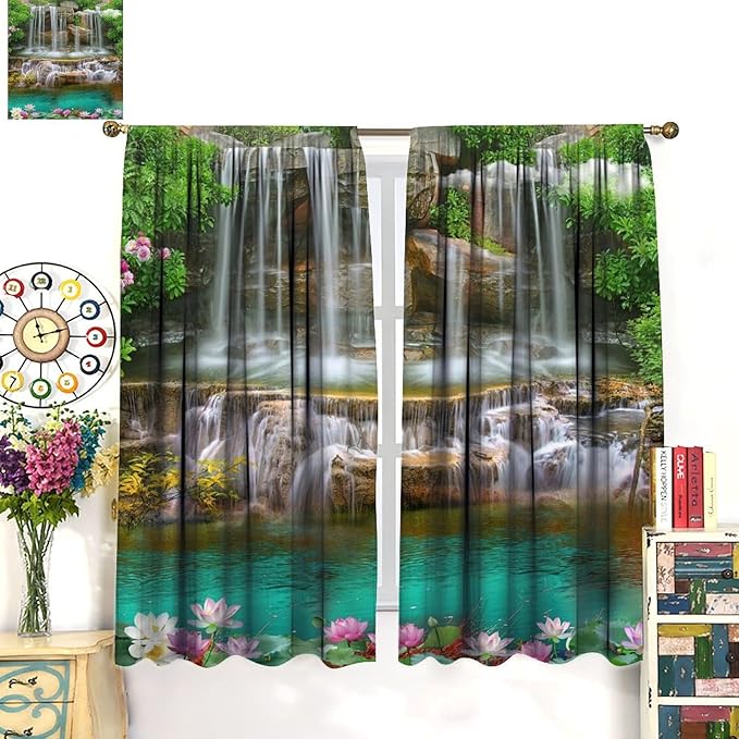 Waterfall Blackout Window Curtains, Rocky Waterfall to Pond Running Off Scenic Nature Themed Picture Print Window Drapes, for Living Room Bedroom 55x63in 2 Panels