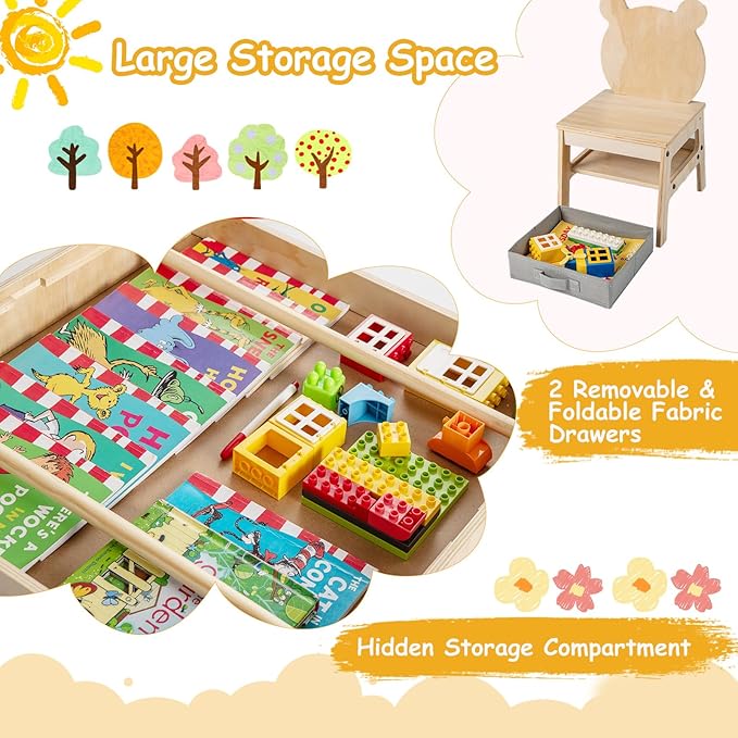 Costzon Kids Table and Chairs, 4 in 1 Wooden Activity Desk Set w/Reversible Whiteboard & Chalkboard, Hidden Storage Space and Drawers for Arts, Crafts, Play, Toddler Table and Chair Set (Bear Shape)