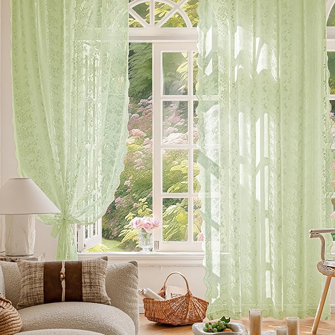 Anmao Vintage Lace Curtains 102 Inches Long 2 Panels, Romantic Semi Sheer Floral Lacy Curtain for Living Room, Elegant Window Drapes for Bedroom, Each 55W x 102L, Light Green