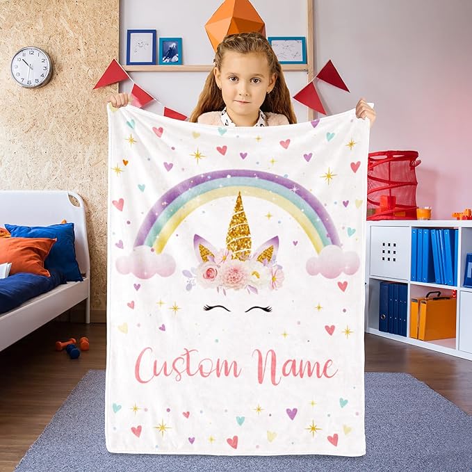 Custom Horse Blanket with Name for Girl, Personalized Name Blanket for Kids, Soft Flannel Pink Toddler Blanket Customized Gift for Birthday Christmas Baby Shower Children Day 40x50in
