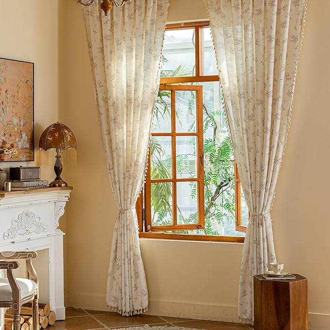 ENJOYBRIDAL Purple Floral 84 Inch Curtains for Living Room Decor Drapes Semi Sheer Bedroom Rod Pocket Tassel Window Curtains 2 Panels Aesthetic Farmhouse Cute Boho Window Treatments
