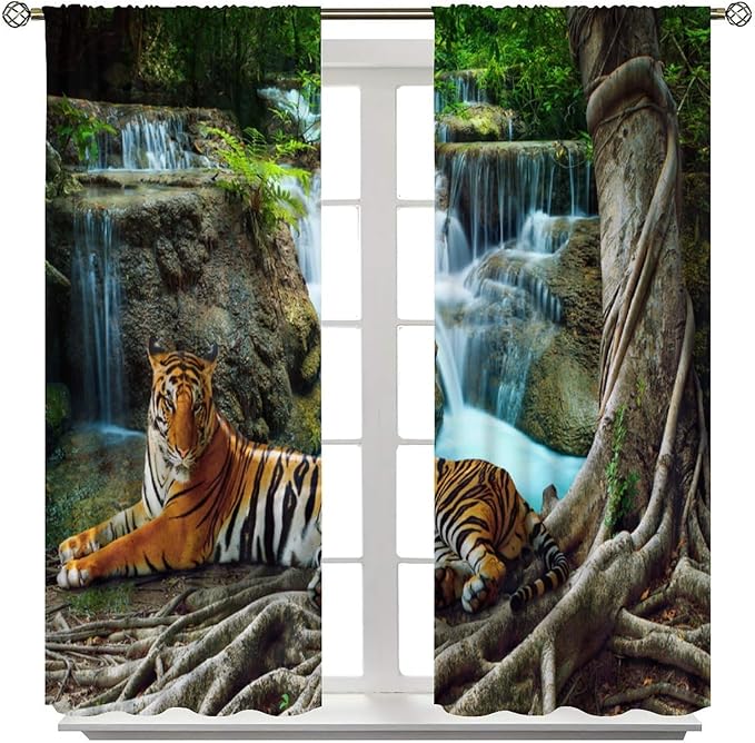 Waterfall Landscape Blackout Curtains, Spring Forest Animal Tiger Tree Waterfall Nature Window Drapes, for Bedroom Living Room 42" W X 54" L