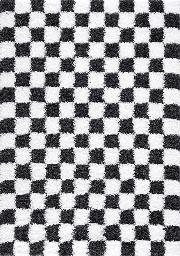 Hauteloom Atira Contemporary Checkered Fluffy Shag Area Rug - Modern Geometric Carpet Tiles for Living Room, Kids Room, Nursery - Plush Pile - White,Black - 4' x 6'