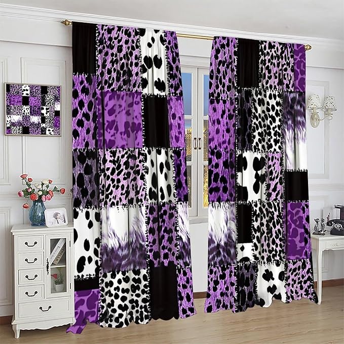 Brown Leopard Curtain, Purple Patchwork Cheetah Panthera Zebra Giraffe Print Safari Wildlife African Wild Animal Skin Window Curtains for Living Room Bedroom 55" W X 63" L
