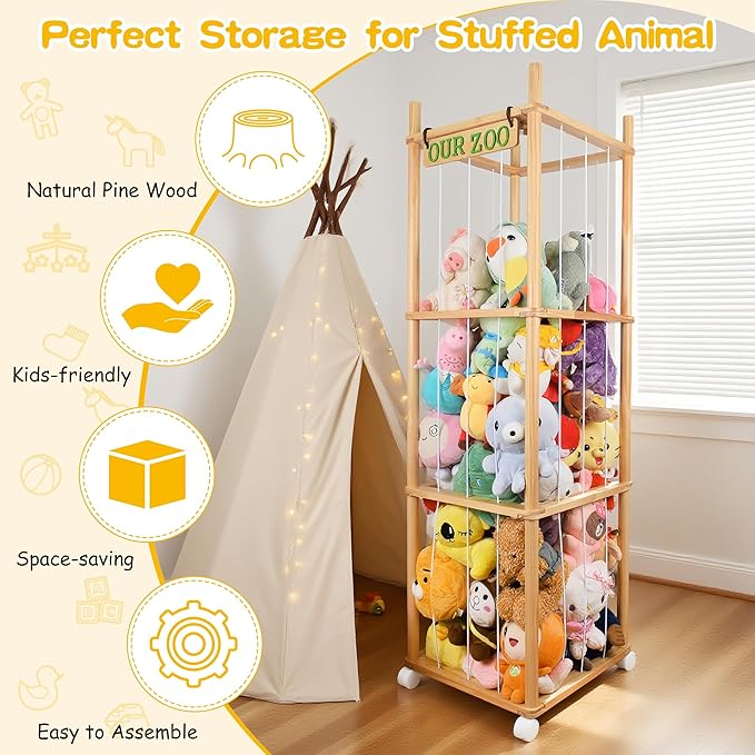 Stuffed Animal Storage with Wheels Wooden Stuffed Animal Holder 54" Stuffed Animal Organizer Space Saving Plushies Storage with Elastic Band Large Capacity Stuffy Storage for Playroom Bedroom