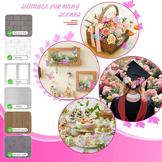 3D Butterfly Wall Decor 3 Sizes 4 Styles Butterfly Party Decorations Cake Decorations Removable Stickers Wall Decor Room Mural Metallic Kids (Laser Pink Purple, 96Pcs)