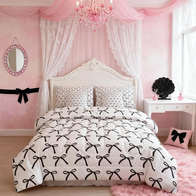 Manfei 7 Pieces Cartoon Bowknot Kids Comforter Twin Size,Bow Tie Geometric Patchwork Modern Girls Bedding Set,Bow Butterfly Knot Black White（Comforter+Fitted+Flat+2 Pillowcases+2 Throw Pillow Covers）