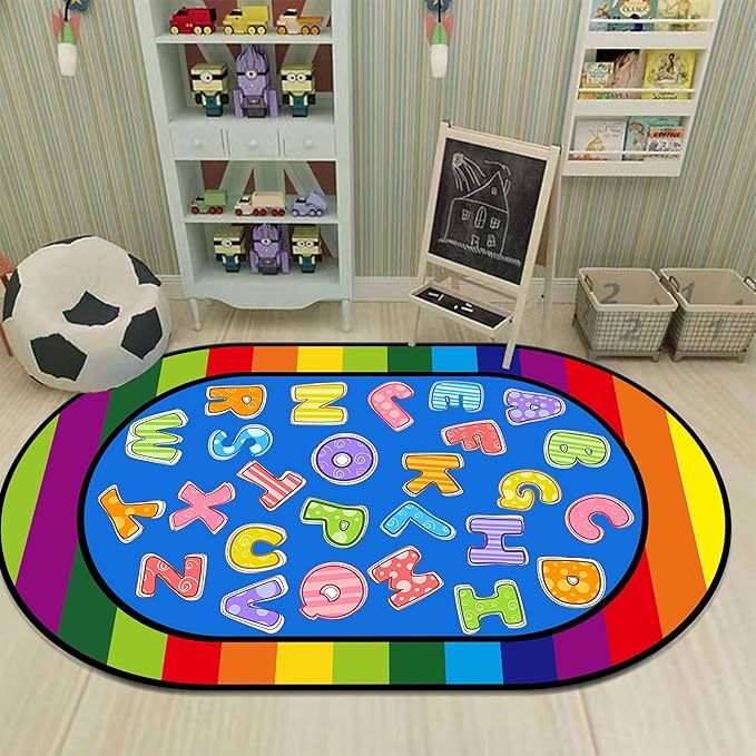 Colorful Cartoon Kid Area Rug, 5x6ft, ABC Alphabet Educational Learning Oval Rug, Rainbow Stripe Border Rug, Non-Slip Indoor Playmat, Children's Gift for Playroom, Bedroom and Nursery