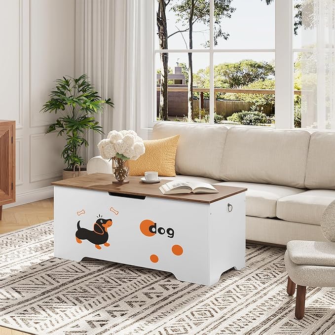 HOOBRO Toy Box, Toy Chest with 2 Safety Hinges, 39.4" Storage Bench, Wooden Storage Chest, for Entryway, Bedroom, Living Room, White and Walnut WH494CW01