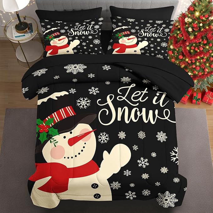 7 Pcs Full Size Christmas Comforter Set with 2 Pillowcases & 2 Shams, Black Cartoon Snowman Bedding for Kids and Adults, Retro Snow Scene Bed in a Bag with Flat Fitted Sheet