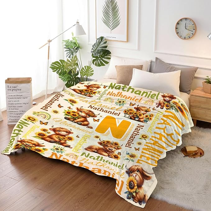 Personalized Custom Sunflower Highland Cow Blanket Gifts for Kids Boys Girls with Name - Customized Sunflower Highland Cow Super Soft Fuzzy Flannel Sheets Decor for Crib Nap Couch - 50"x60" for Teens