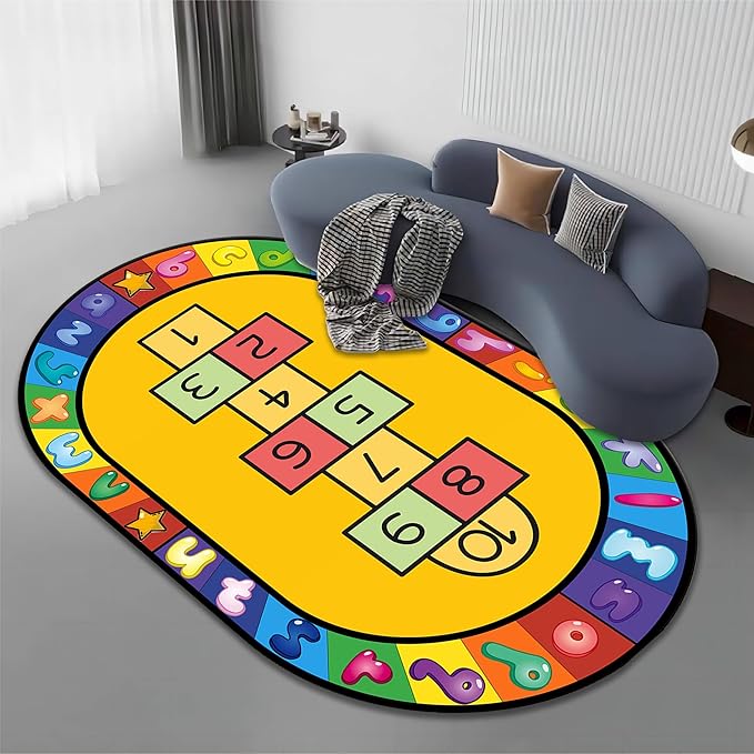 Kids Hopscotch Area Rug, 3x5ft, Playmat for Boys & Girls, Alphabets and Numbers Educational Learning & Fun Game Oval Rug, Soft Non-Slip Machine Washable Rug for Playroom Classroom Nursery