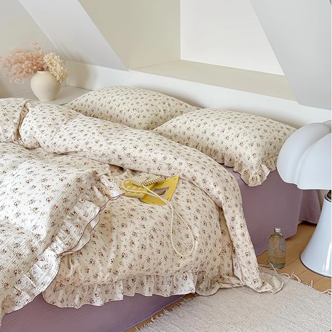 BuLuTu Full Duvet Cover 100% Cotton Muslin Duvet Covers Soft Breathable Comforter Cover Kids Girls Women Vintage Floral Bedding Quilt Cover with Ruffles, 79"x90", No Comforter