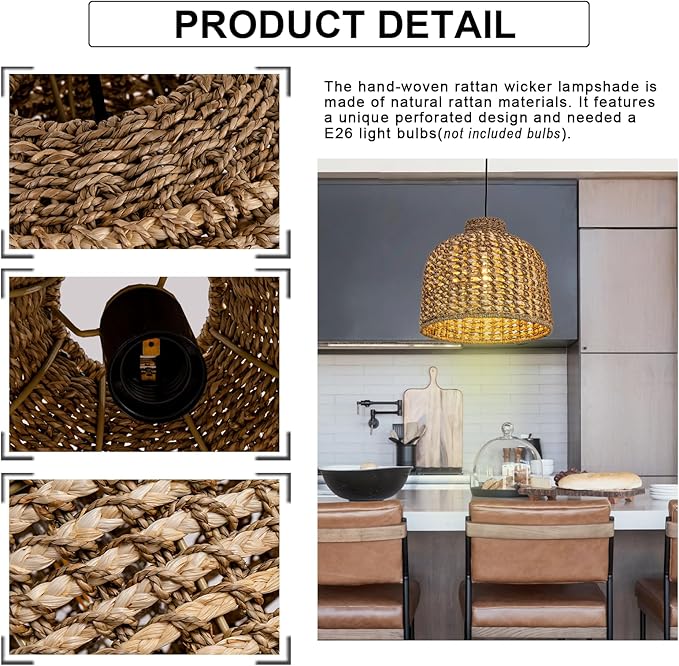 13.8in Rattan Lighting Wvoen Wicker Dome Pendant Lighting Rustic Chandelier for Kitchen Island, Coastal Ceiling Rattan Pendant Lights Ceiling for Living Room Dining Room Foyer Restaurant