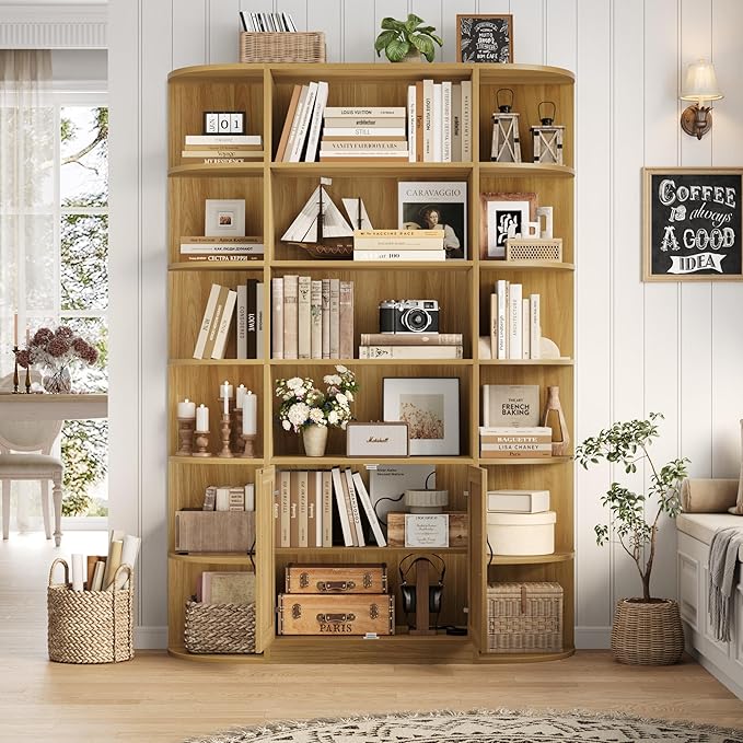 HOSTACK 75" Tall Book Shelf and Bookcase, 6 Tier Bookshelf with Storage, 47" Wide Bookcase with Door, Freestanding Wood Display Shelves with Book Storage Cabinet for Office, Living Room, Natural Oak