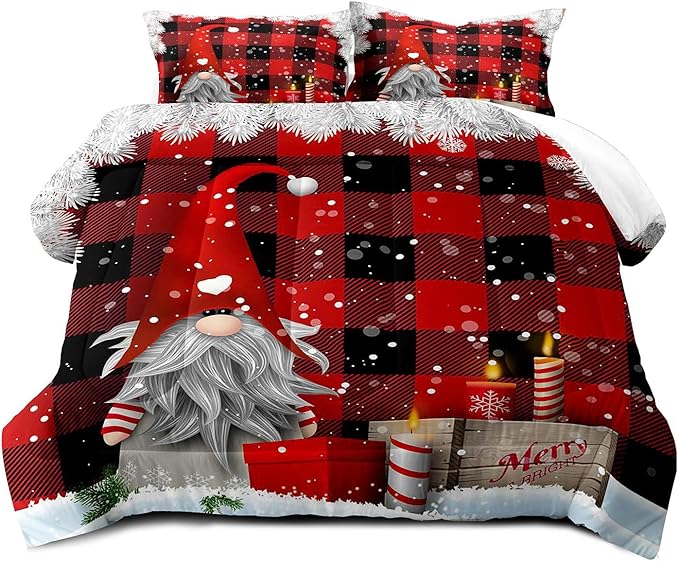 LUVIVIHOME 3PCS Merry Christmas Comforter Set King Size, Funny Gnome Bedding, Red and Black Plaid Winter Snowflake Christmas Bedroom Decor for Kids Boys Girls Teens Toddler, Xmas Gifts, 2 Pillow Shams