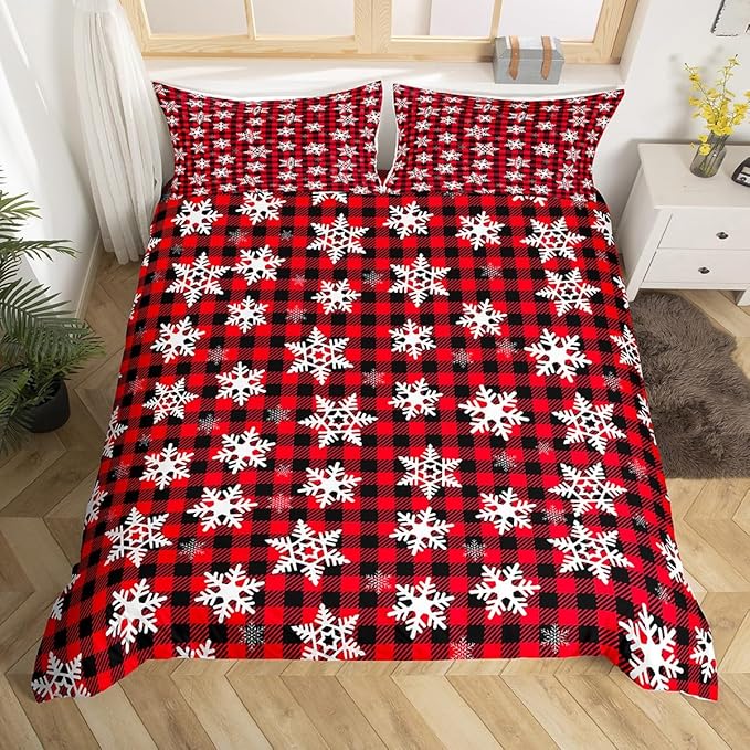 Christmas Kids Bedding Set Snowflake Xmas Theme Bedding Duvet Cover Set for Boys Girls Red Black Buffalo Check Decor Comforter Cover Set New Year Bedspread Cover Bedroom Quilt Cover 3Pcs Queen Size