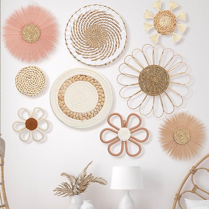 Chunful 9 Pcs Boho Nursery Wall Decor Daisy Flower Woven Macrame Seagrass Rattan Basket Wall Hanging Bohemian Decorations Gifts for Home Dorm Art Farmhouse Bedrooms Living Room(Pink Brown)