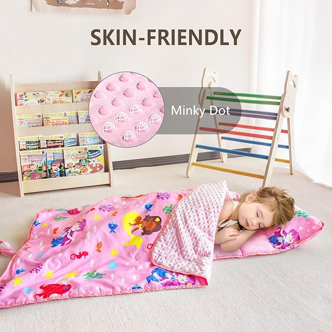 Primlect Toddler Nap Mat with Removable Pillow and Fleece Blanket, Extra Large 55''x35'' Sleeping Bag, Washable, Light, Easy to Roll up, Perfect for Daycare, Preschool, Kindergarten, Travel