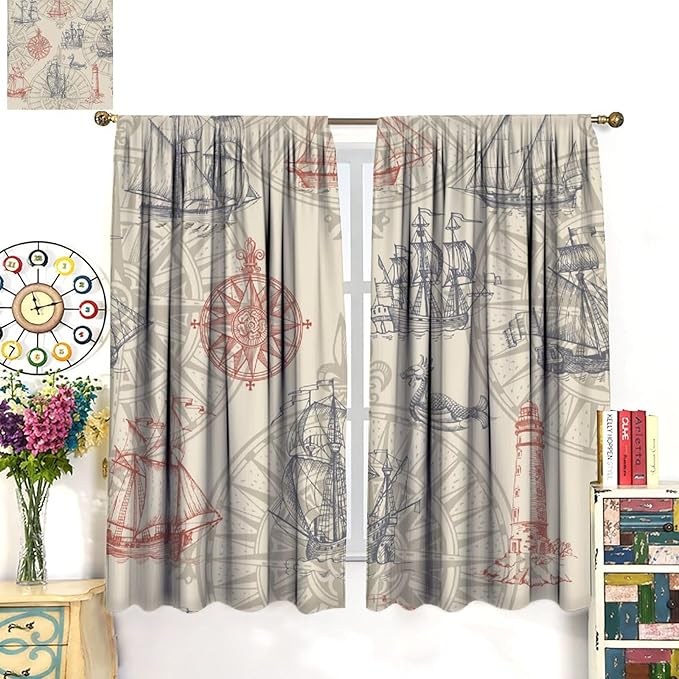 Abstract Nautical Curtain Set Seahorse Curtain for Kids Yellow Polyester Fabric Bedroom Curtain Set 2 Panels,55x63 Inches