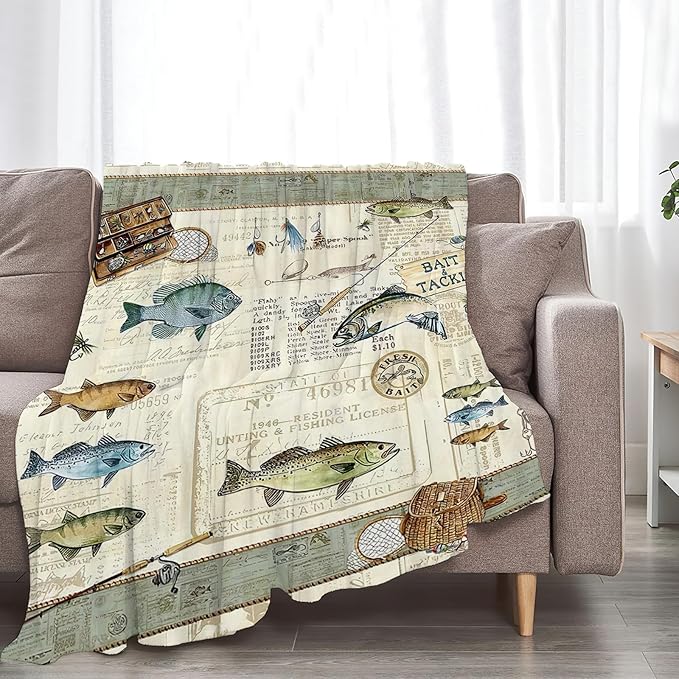 Tijuboni Fishing Throw Blanket Cabin Fishing Gifts for Men Boys Women Girls Adults Kids Soft Flannel Fleece Blanket for Couch Sofa Bed Home Decor 40"x50"