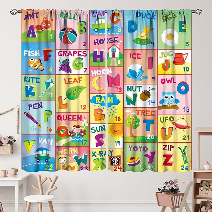 Colorful ABC Classroom Nursery Curtains Kids Alphabet Learning Baby Boys Girls Curtain with Rod Pocket for Children Toddler Playroom Home Drapes Window Treatments 2 Panels Set 63" W X 63" L