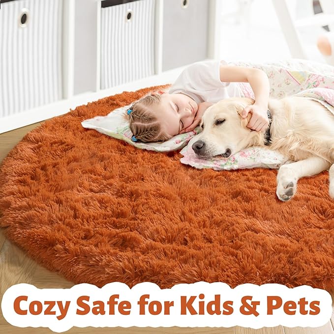 Amdrebio Burnt Orange Round Circle Rug 4Ft for Bedroom Living Room Aesthetic, Fluffy Fuzzy Furry Shaggy Area Rugs for Kids Room Decor, Small Plush Shag Dark Orange Carpet for Nursery Dorm Classroom
