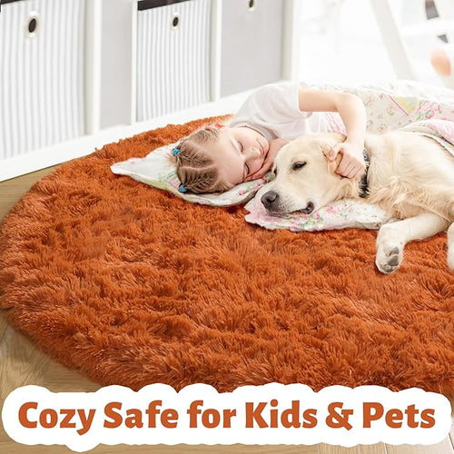 Amdrebio Burnt Orange Round Circle Rug 4Ft for Bedroom Living Room Aesthetic, Fluffy Fuzzy Furry Shaggy Area Rugs for Kids Room Decor, Small Plush Shag Dark Orange Carpet for Nursery Dorm Classroom