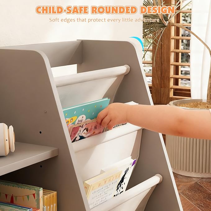 NACHES 3 Tier Kid Bookshelf Wooden 4 Sling Children Bookcase Toddler Montessori Bookcase Book Rack Display Toy Storage Organizer Book Display Shelf Stand Classroom Bedroom Nursery Playroom (Grey)