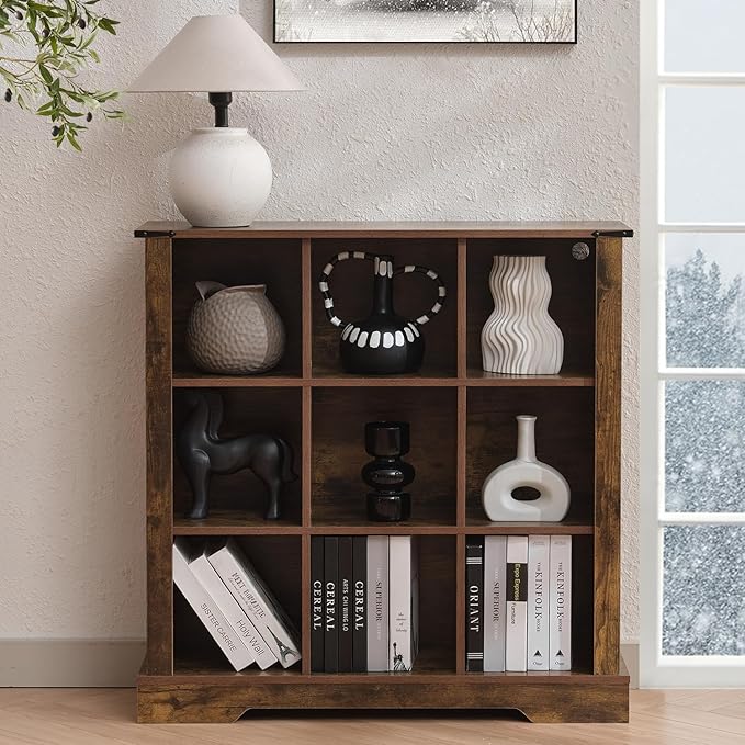9 Cube Storage Organizer, Wood Cube Bookshelf with LED Lights, Horizontal Storage Cubes, Kids Bookshelf, Display Cabinet Cubby Shelf for Living Room Home Office Bedroom, Brown