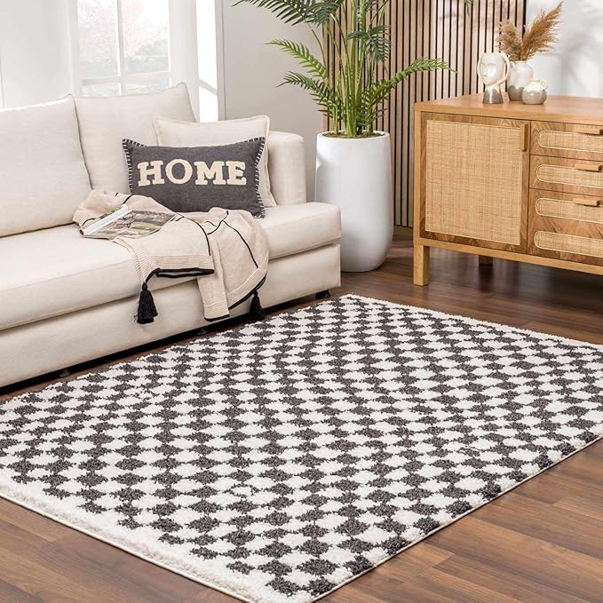 Hauteloom Kieu Contemporary Checkered Fluffy Shag Area Rug - Modern Geometric Soft Carpet Tiles for Living Room, Kids Room, Nursery - Black, White - 18" Sample