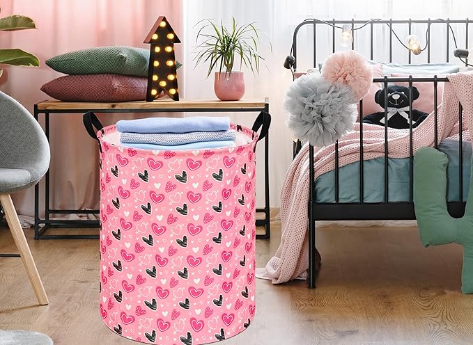 KUNRO Heart Valentine's Laundry Gift Basket Storage Hamper, Kids Toys and Clothes Storage Organizer Bins, Toy Shelf Basket with Handles for Room Decor