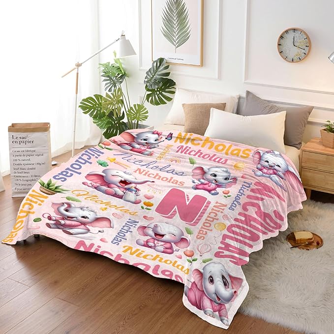 Personalized Custom Pink Elephant Preschool Blanket Gifts for Baby Toddler Kids Boys Girls - Customized Pink Elephant Super Soft Flannel Sheets Decor for Crib Nap Couch - 40"x50" for Kids/Children