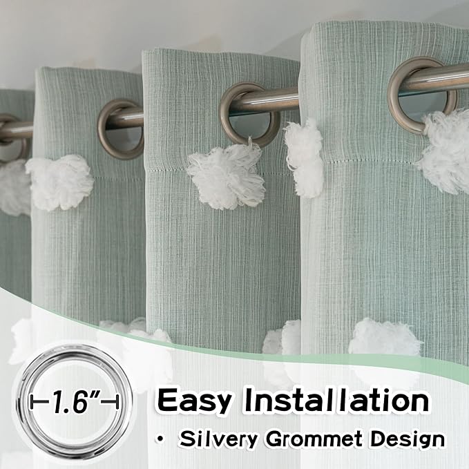 MYSKY HOME Room Darkening Curtains White Sheer Pom Pom Curtains for Living Room Aqua Blackout Curtains for Sliding Door Decor Drapes Double Layer Window Panels Boys Bedroom Grommet Set of 2 W52 X L95