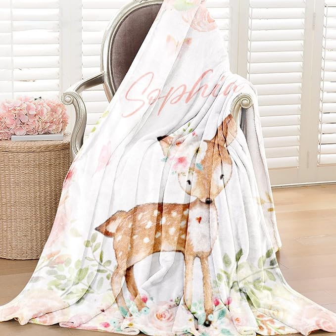 Personalized Deer Baby Blanket for Girl, Custom Name Blanket for Newborn Girl, Soft Flannel Toddler Blanket Customized Gift for Birthday Christmas Baby Shower 60" X 80"