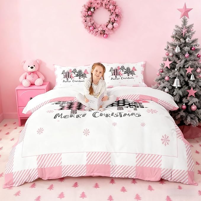 Merry Christmas Duvet Cover Set King Size, Pink Plaid Xmas Trees Bedding Set 3pcs, New Year Holiday Quilt Cover with Zipper Closures, Kids Girls Santa Claus Room Decor, 2 Pillowcases, No Comforter