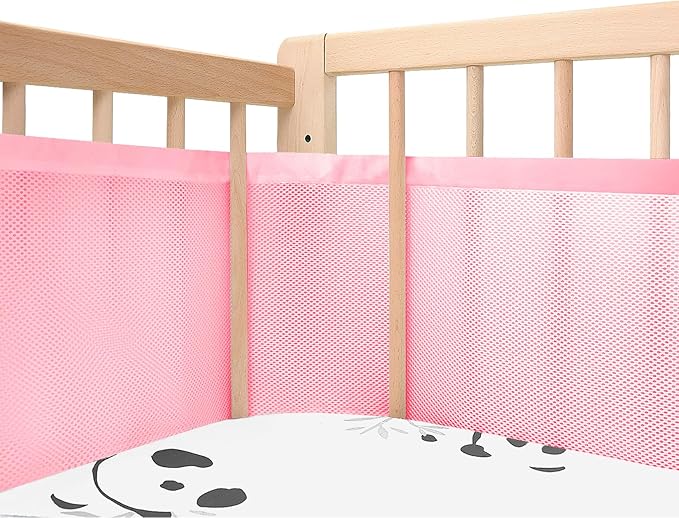 Breathable Mesh Crib Liner for Protecting Baby Legs and Arms, Block The Pacifier from Falling, 11" H (28cm) Essential 3mm Breathable Mesh Liner Around 3 or 4 Side Full-Size Crib, Pink