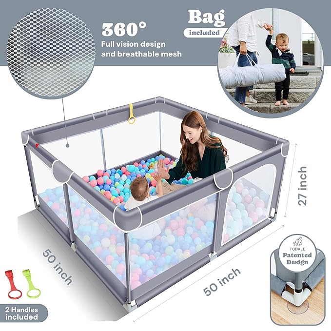 Todale Baby Playpen - 50 x 50 x 27 in Grey Pack of 1 - Effortless Setup & Travel Crib for Baby - Ventilated Panels & Play Pen for Babies 6-12 Months - Foldable Play Pen for Toddlers 1-3