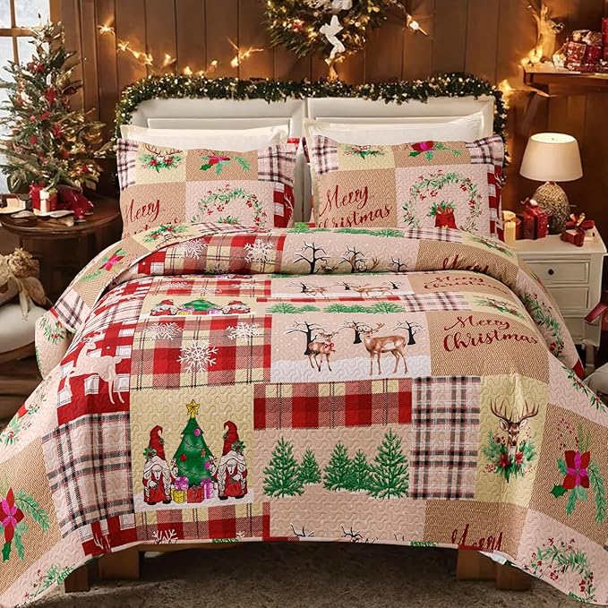 Christmas Bedding Set King Christmas Quilt Bedspread,Gnome Santa Claus Plaid Patchwork Xmas Quilt Set Bedding Holiday Christmas Quilts Decor Gift Elk Pattern Lightweight Reversible Bedspread Coverlet