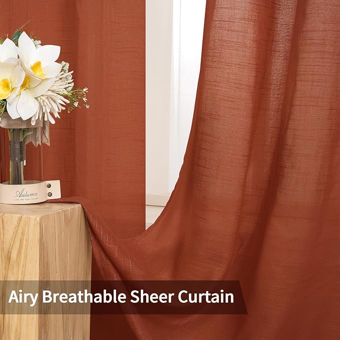 MIULEE Burnt Orange 2 Panels 84 Inch Long Farmhouse Linen Sheer Window Curtains Elegant Terracotta Rust Fall Autumn Drapes Grommet Top Linen Textured Voile for Bedroom Living Room (52 X 96 Inch)