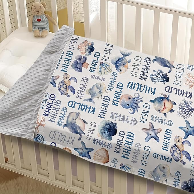 Personalized Baby Blanket with Name, Customized Blanket for Newborn Boys Girls, Ocean Animals Flannel Baby Name Blanket with Dotted Backing, Receiving Swaddle, Gifts for New Parents(30”x40)