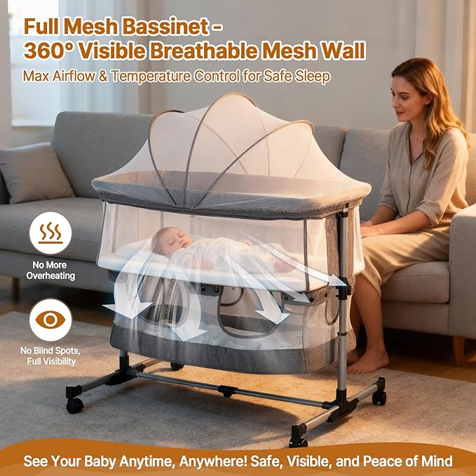 Bassinet Bedside Sleeper, 3-in-1 Baby Bedside Bassinet, 5 Height Adjustable Rocking Baby Crib, Breathable Full Mesh, Mosquito Net, Storage Basket, Stable and Secure Bassinets for Newborn Infant