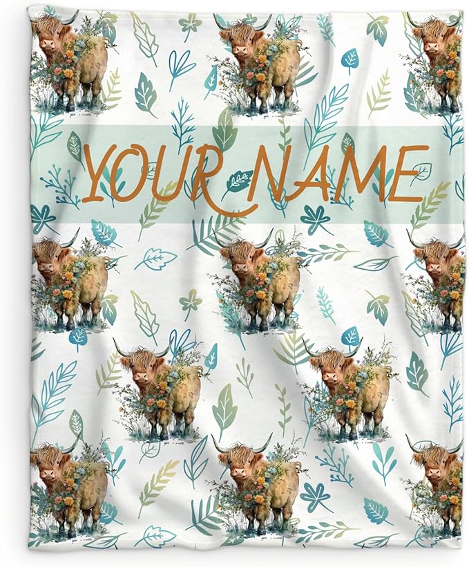 Custom Throw Blanket for Women - Cute Highland Cow Blanket Gift for Mom Daughter Grandma Nana - 80x60 Inches Personalized Aesthetic Throws with Name for Bed Couch Sofa