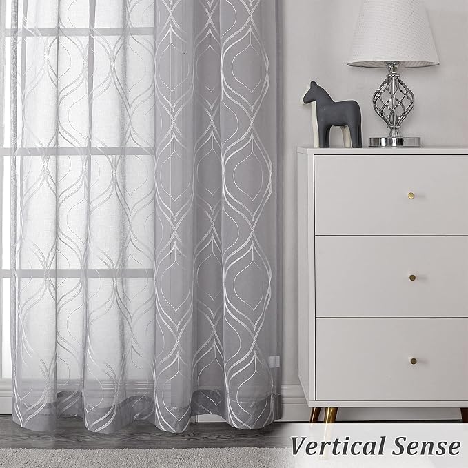VISIONTEX Sheer Curtains 63 Inch Length 2 Panels Set Light Grey Moroccan Embroidered Curtains Trellis French Textured Rod Pocket Voile Tulle Semi Window Drapes for Bedroom Living Room 54 x 63 Inches