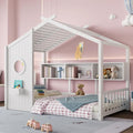 Twin Size House Bed with Storage Shelves for Kids,Kids Montessori Floor Bed, Cute Wood House Bed Frame Twin with Roof for Girls,Boys,Can be Decorated,White