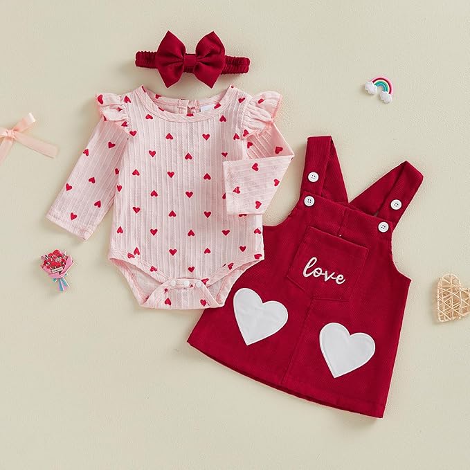FIOMVA My First Valentines Day Outfit Clothes Baby Girl Romper Love Onesie Heart Embroidery Overalls Suspender Dress Set