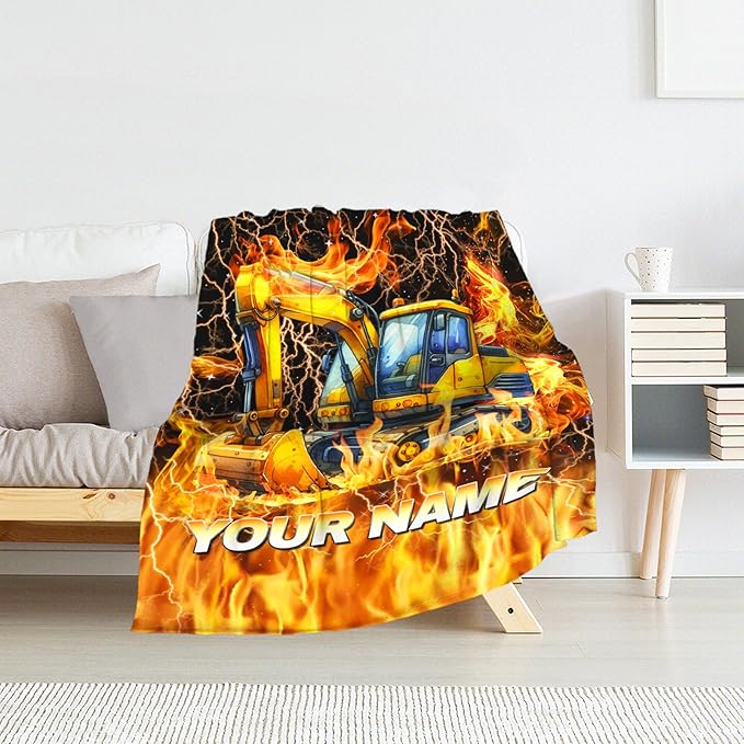 Kids Blanket Gifts Personalized Excavator Blankets for Toddler, Boys - Cozy Fuzzy Truck Flannel Throws Stuff for Couch, Office & Travel