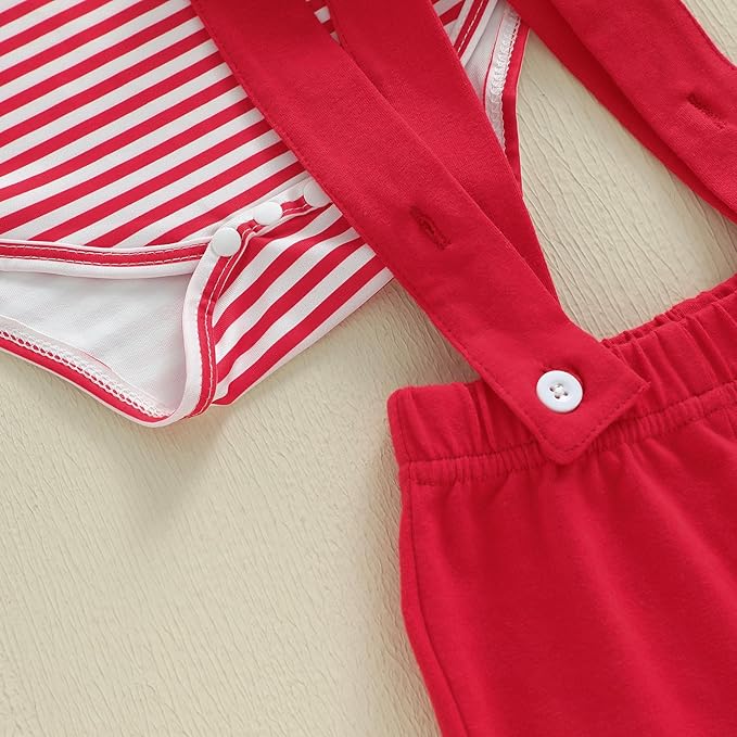 Newborn Infant Baby Boy Valentines Outfit Heart Crusher Long Sleeve Striped Romper + Red Suspender Pants + Hat 3Pcs